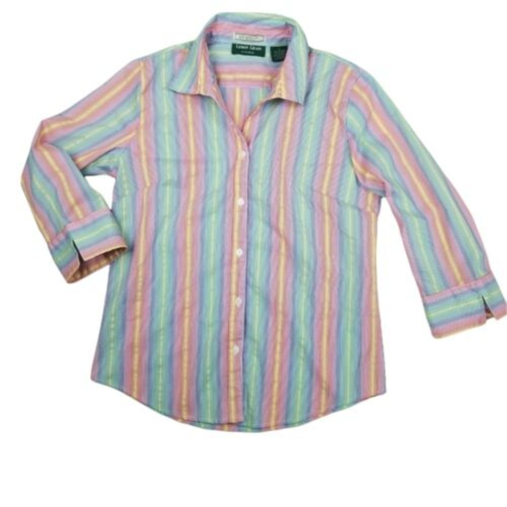 LEMON GRASS Womens S Rainbow Striped Career Stretch Button Front Shirt Open Cuff
